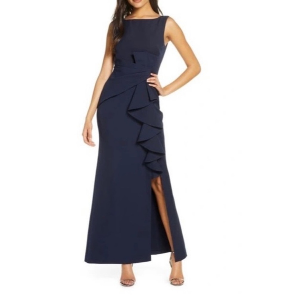 Eliza J Nordstrom Ruffle Front Gown Womens Size 8 Navy Blue Sleeveless size 4